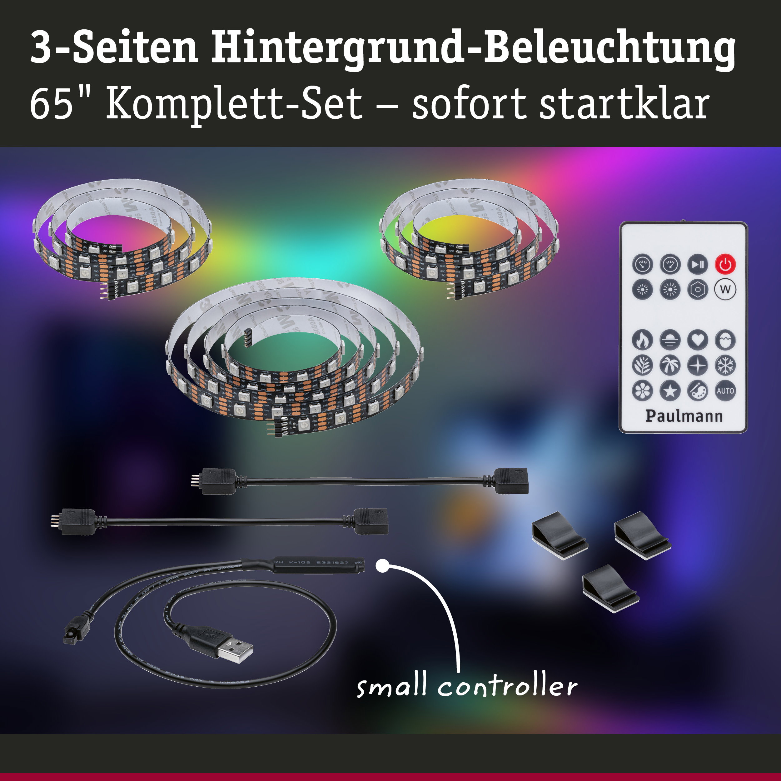 65 Zoll LED Hintergrundbeleuchtung Komplett-Set mit Fernbedienung und Kabeln für TV Beleuchtung