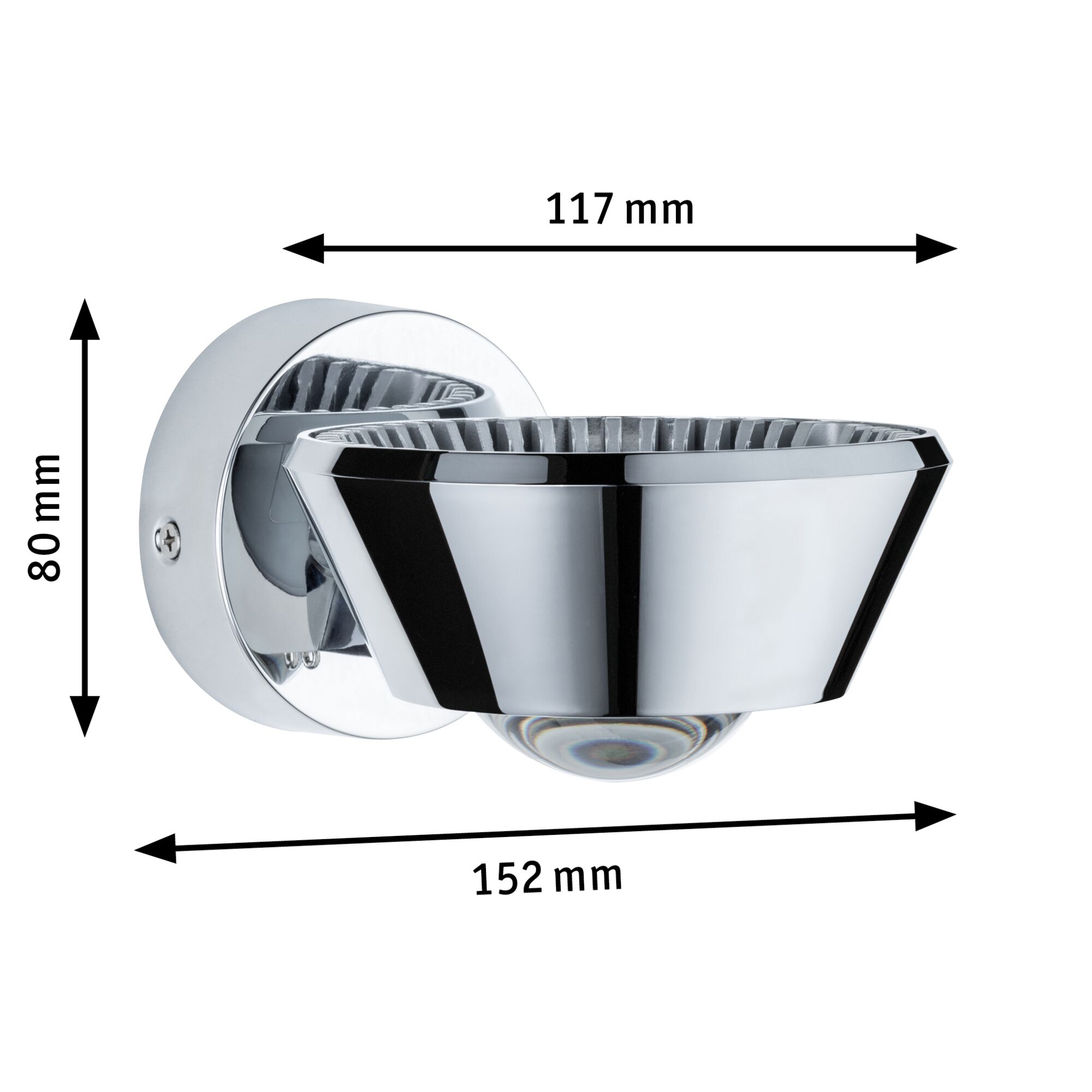 Chroom metalen wandhouder van 117 mm breed en 80 mm hoog voor LED-verlichting