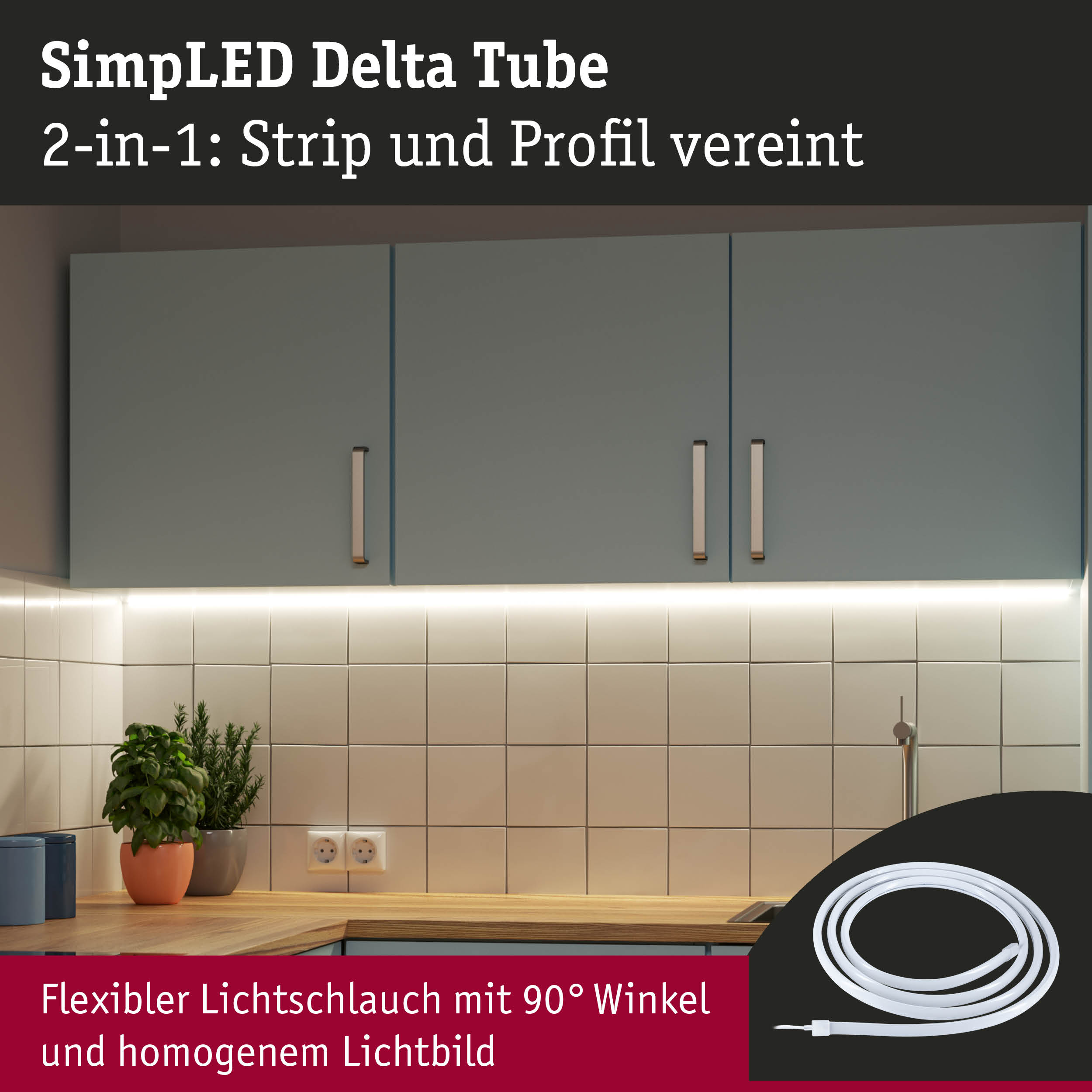 Flexibler weißer LED-Lichtschlauch mit 90° Winkel und homogenem Lichtbild in moderner Küchenumgebung