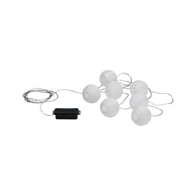 Guirlande LED blanche avec 8 lanternes rondes et boîtier à piles noir pour éclairage décoratif