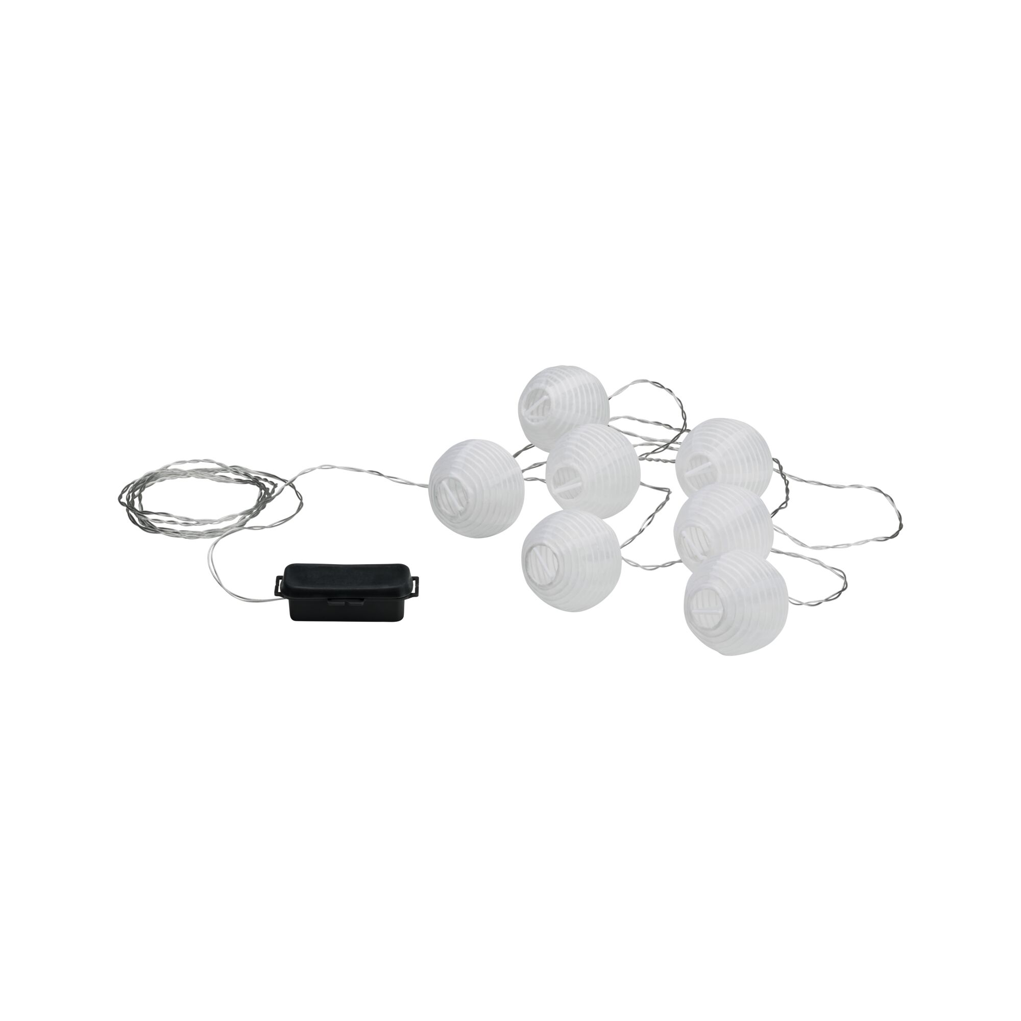 White LED string lights with 8 round lanterns and black battery pack for decorative lighting