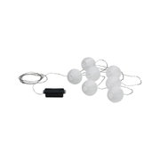 White LED string lights with round plastic lanterns and black battery pack for decoration