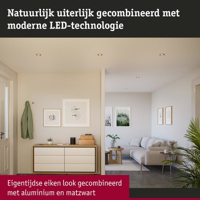 Moderne woonkamer met LED-inbouwspots in eigentijdse eiken look gecombineerd met aluminium en matzwart