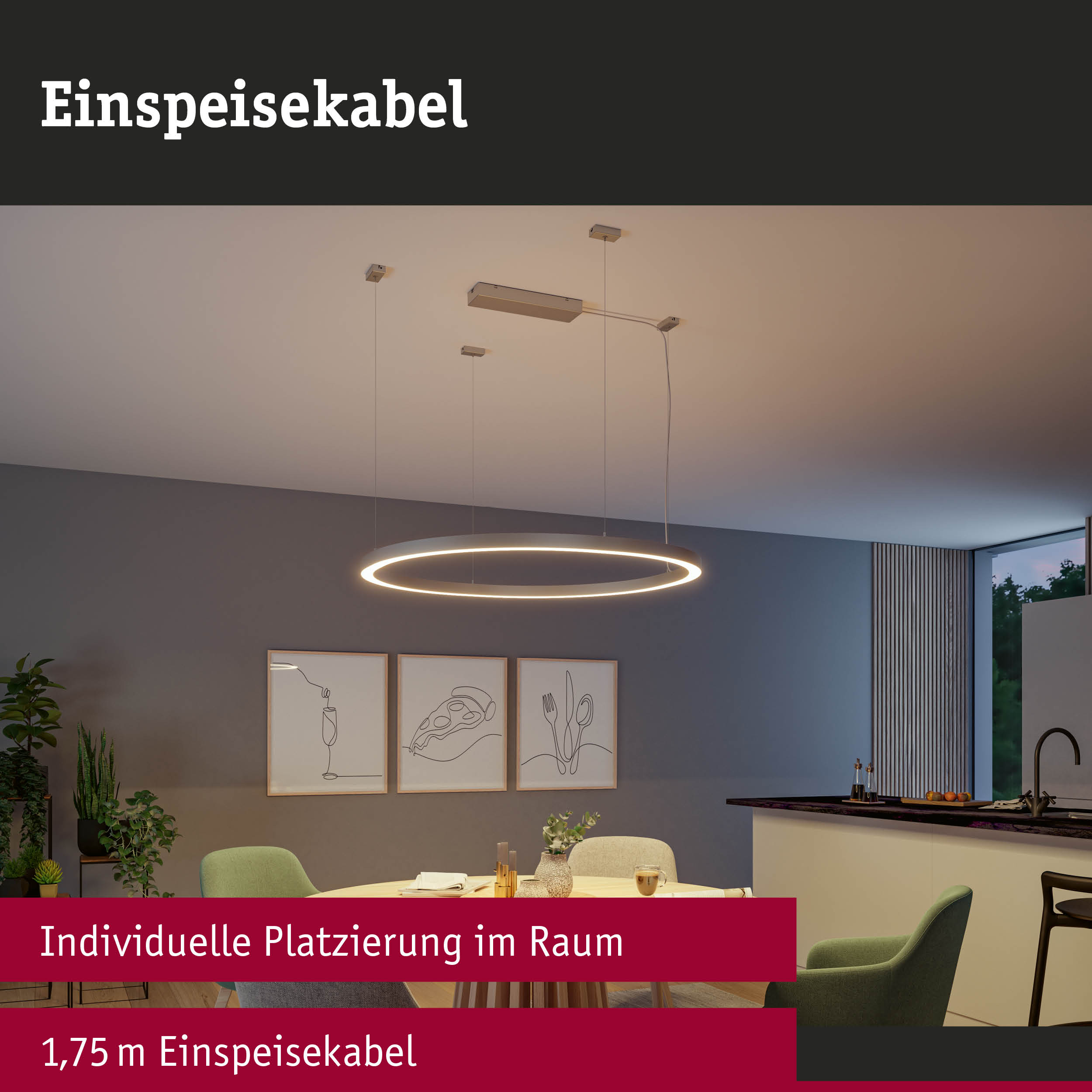 Moderne runde LED-Hängeleuchte mit 1,75 m Einspeisekabel in Wohnküche mit grauer Wand