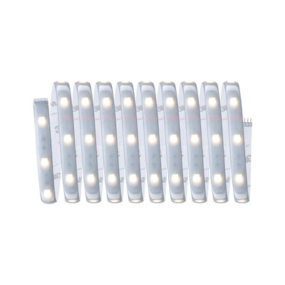 Flexible LED light strip with warm white light and adhesive backing for versatile lighting solutions.