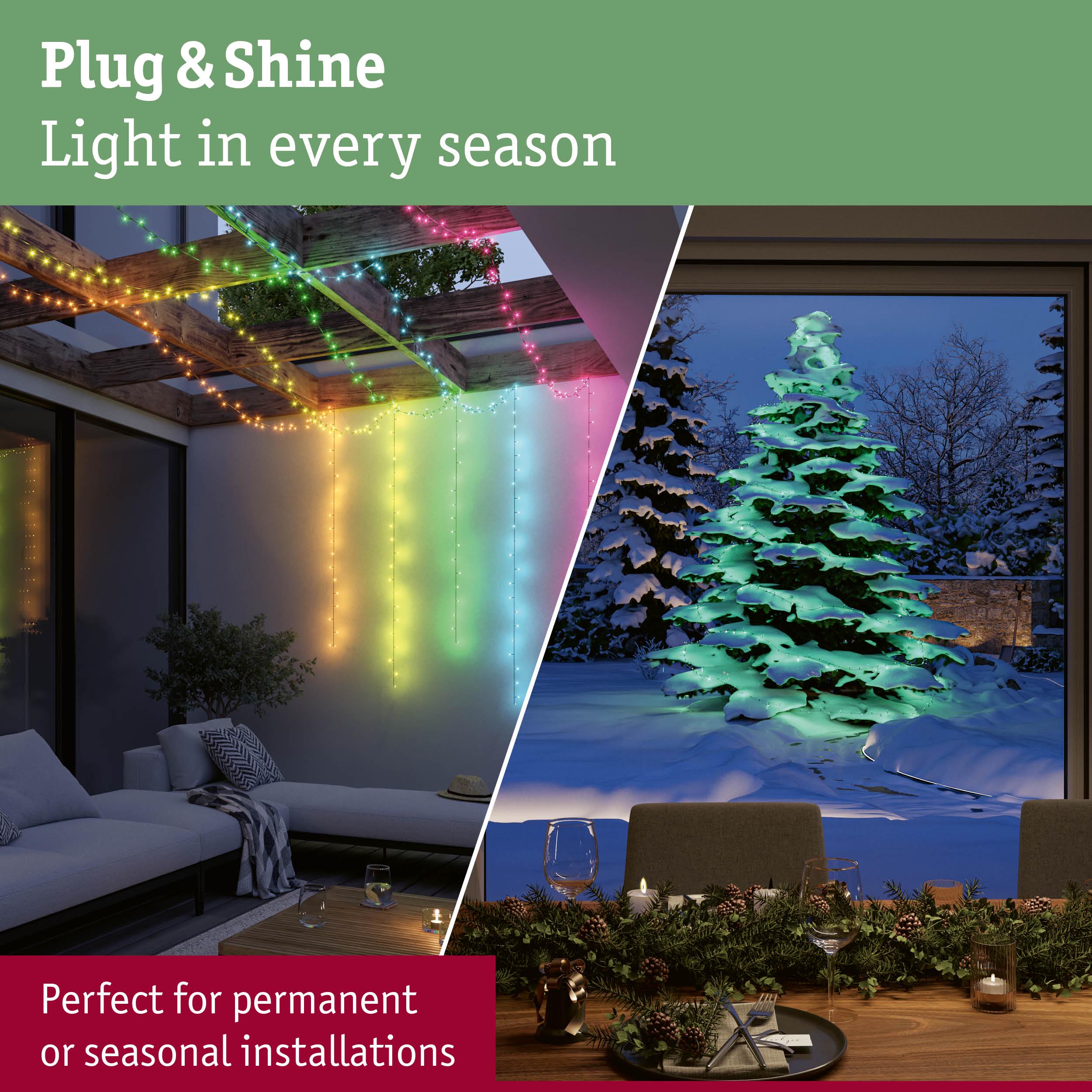 Colourful LED string lights and illuminated snowy Christmas tree for seasonal outdoor lighting.