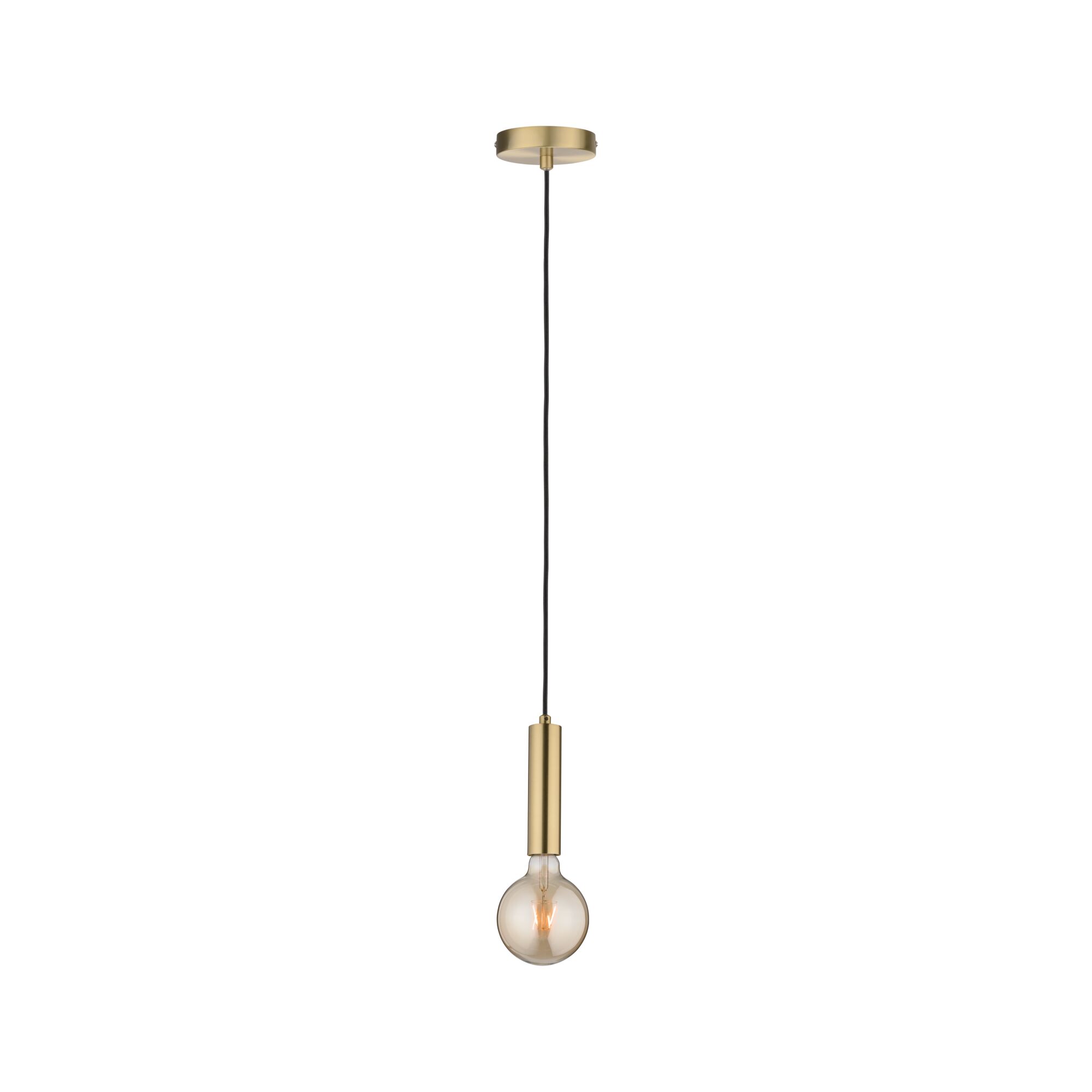 Moderne Pendelleuchte aus Messing mit schwarzem Kabel und sichtbarer Glühbirne für stilvolle Raumbeleuchtung