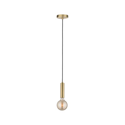 Moderne Pendelleuchte aus Messing mit schwarzem Kabel und sichtbarer Glühbirne für stilvolle Raumbeleuchtung