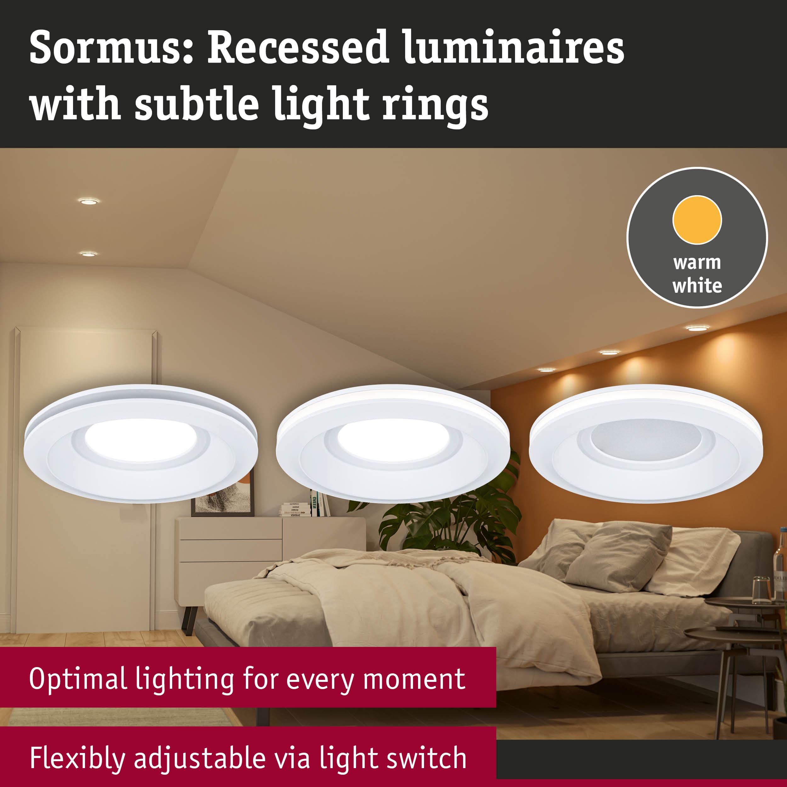 Sormus white recessed luminaires with warm white light rings for adjustable ambient lighting in rooms