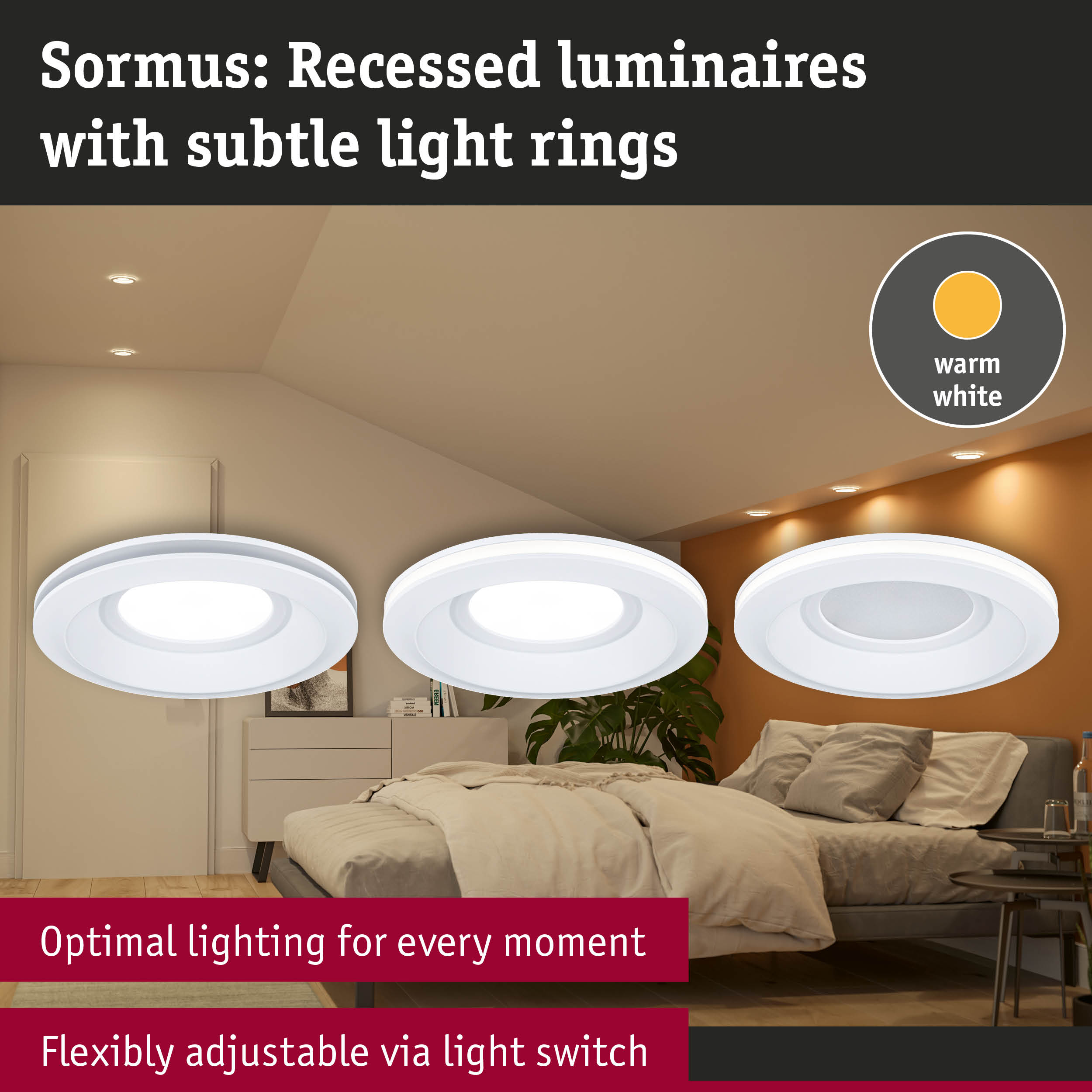 Sormus recessed luminaires with subtle warm white light rings for flexible bedroom lighting