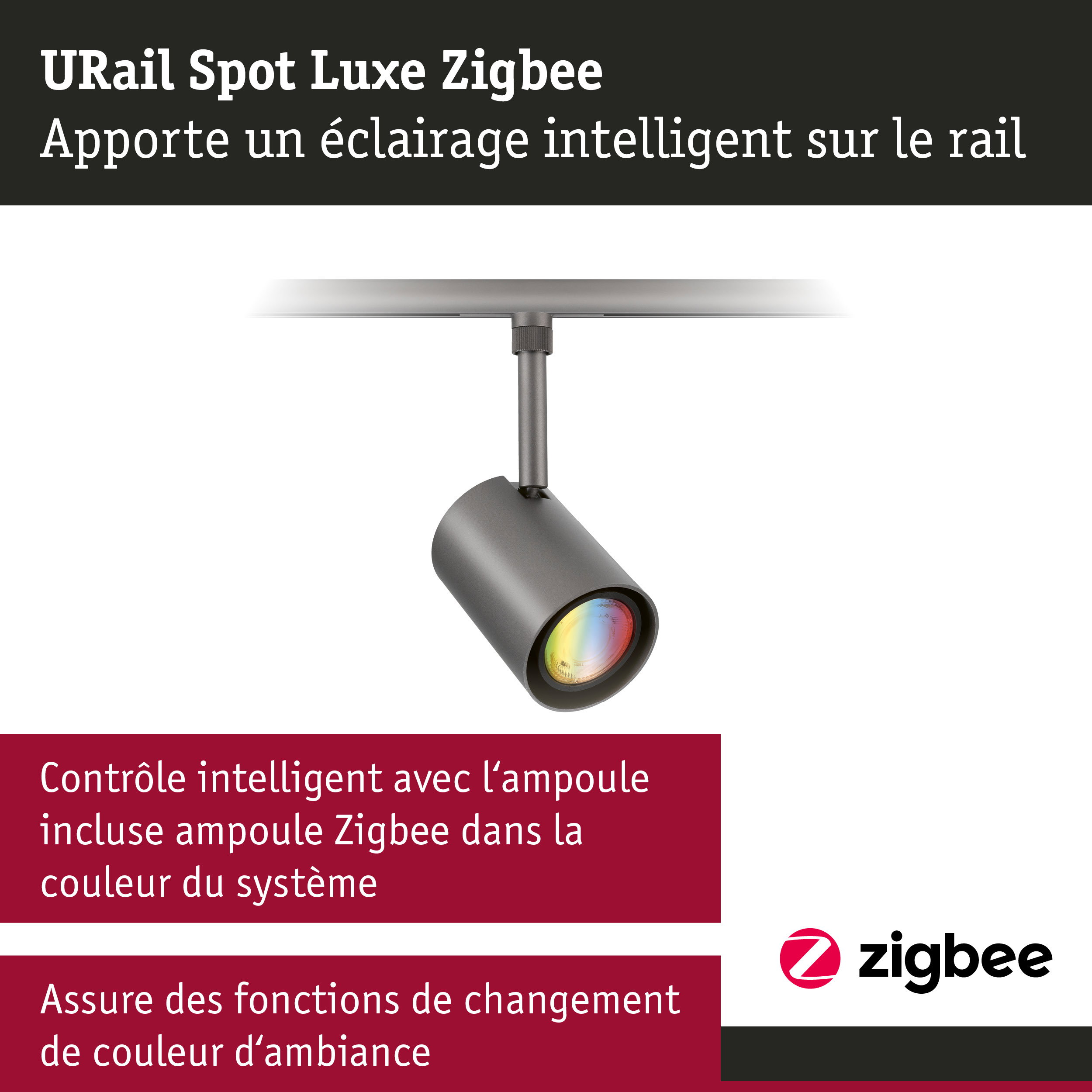 URail Spot sur rail Smart Home Zigbee 3.0 Luxe GU10 350lm 4,8W RGBW gradable 230V Titanium