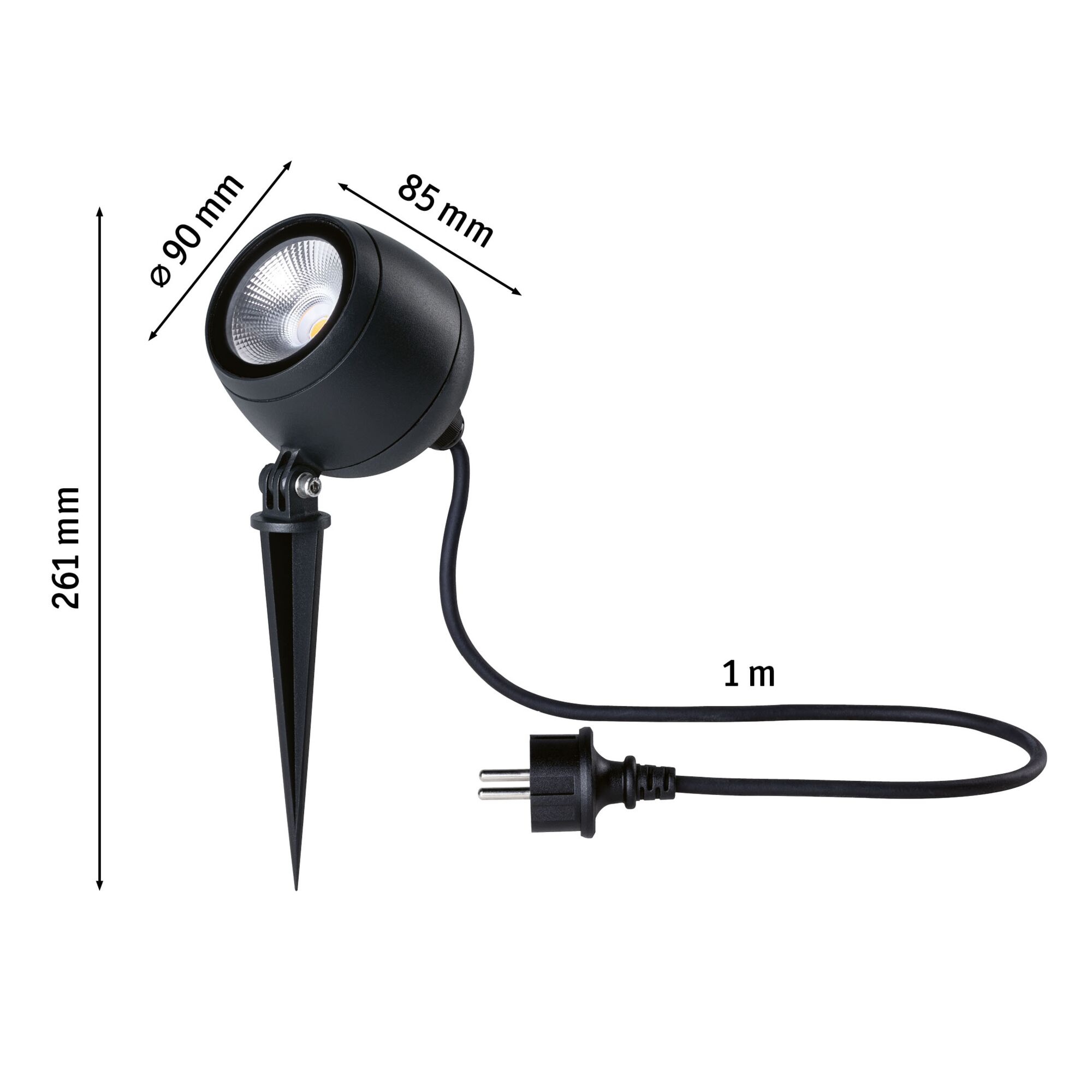 Black LED garden spotlight with ground spike and 1m cable, 90 mm diameter, 261 mm height, outdoor lighting