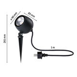 Black LED garden spotlight with ground spike and 1m cable, 90 mm diameter, 261 mm height, outdoor lighting