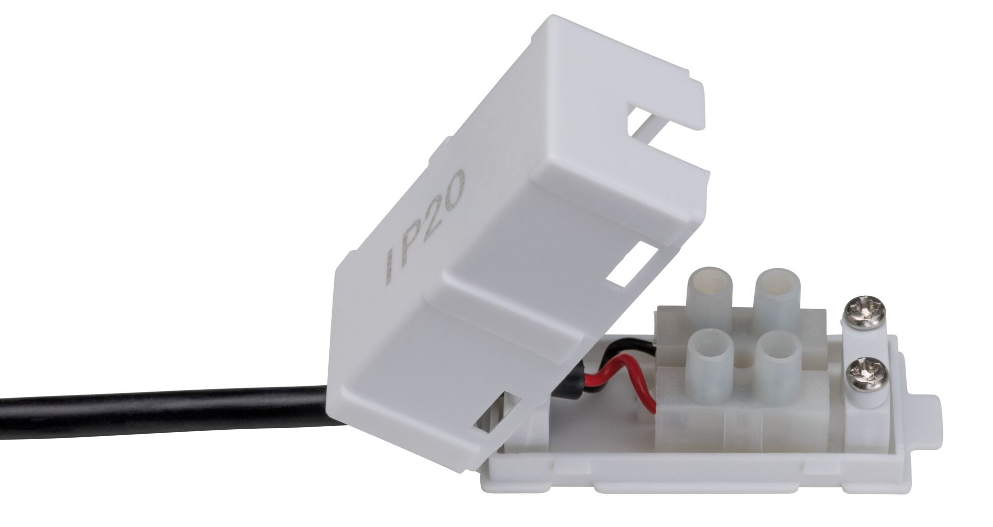 Boîtier de connexion en plastique blanc avec bornes à vis et câble noir pour éclairage LED