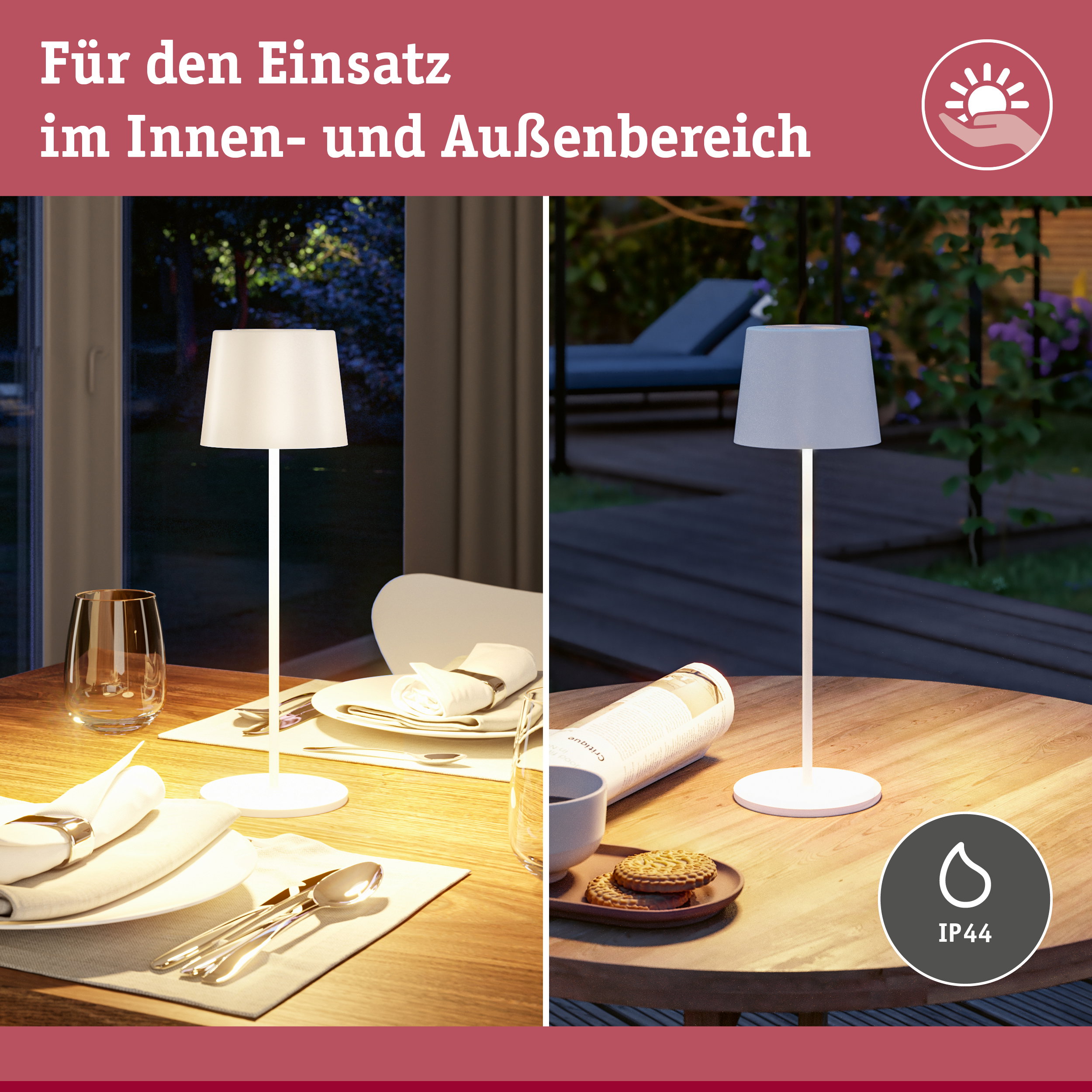 Weiße LED-Tischlampe mit IP44 Schutz für Innen- und Außenbereich auf Holztisch mit gedecktem Tisch