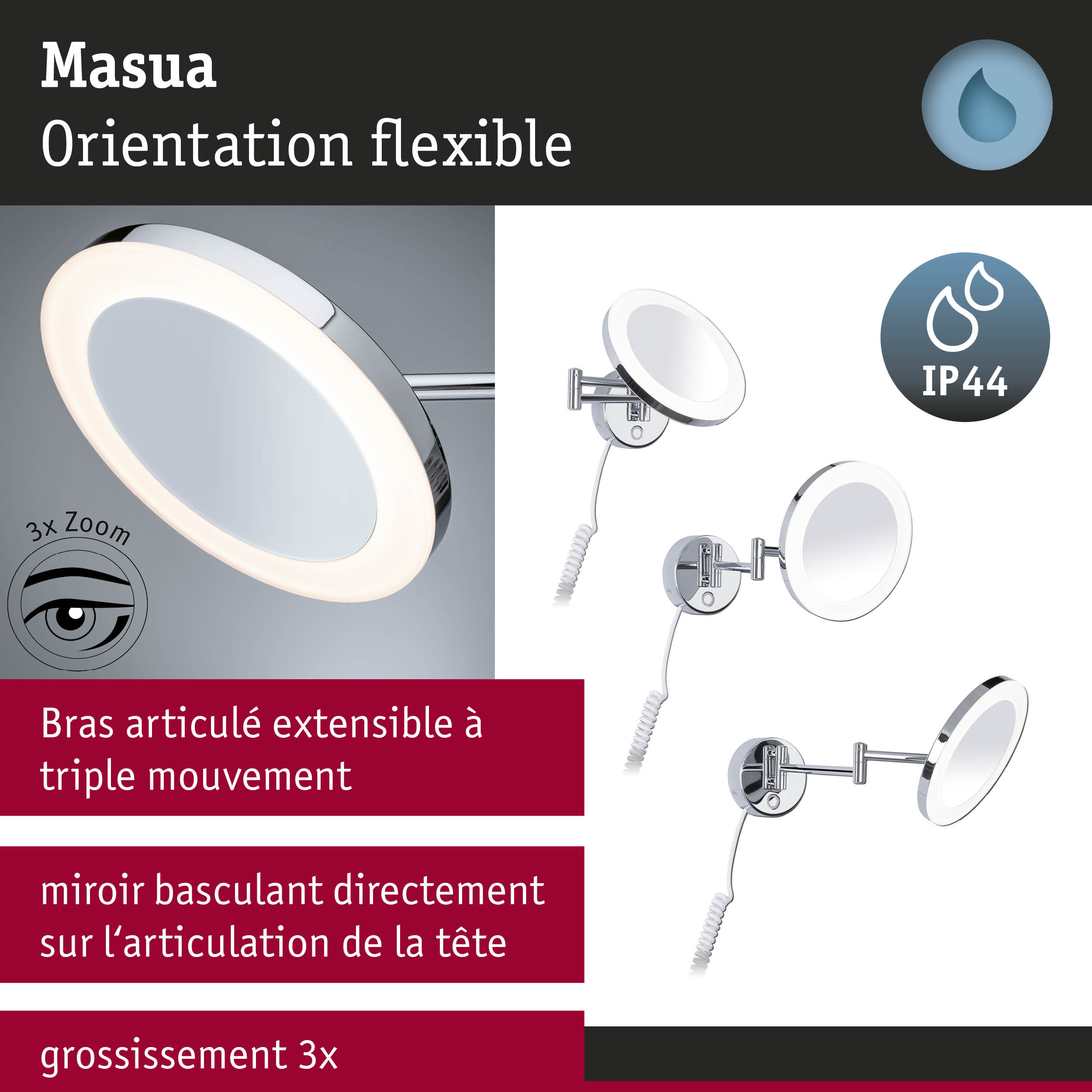 Miroir mural Masua chromé avec éclairage LED et grossissement 3x, bras articulé flexible