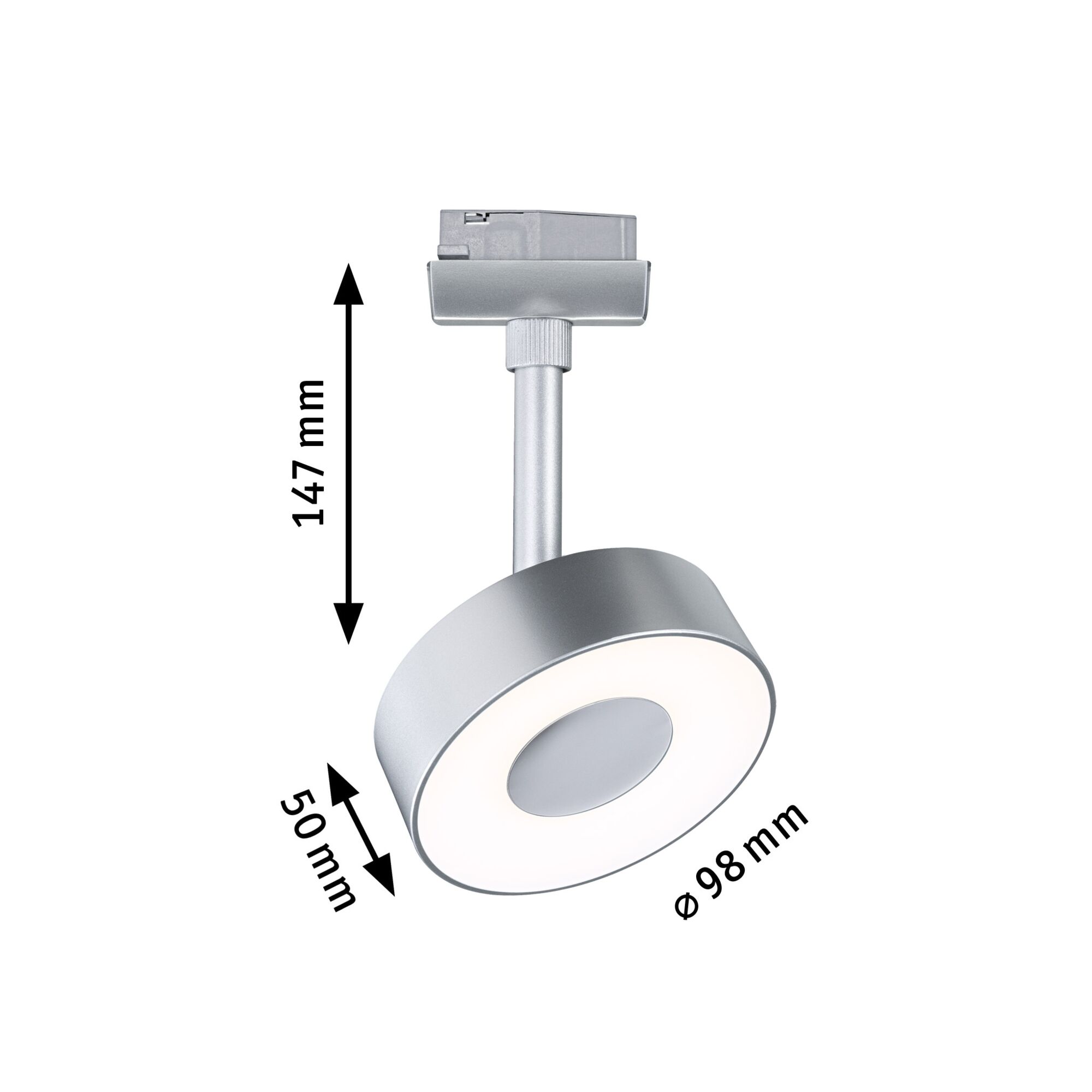 Runder LED-Spot in Silber mit 98 mm Durchmesser und 147 mm Höhe für moderne Innenbeleuchtung