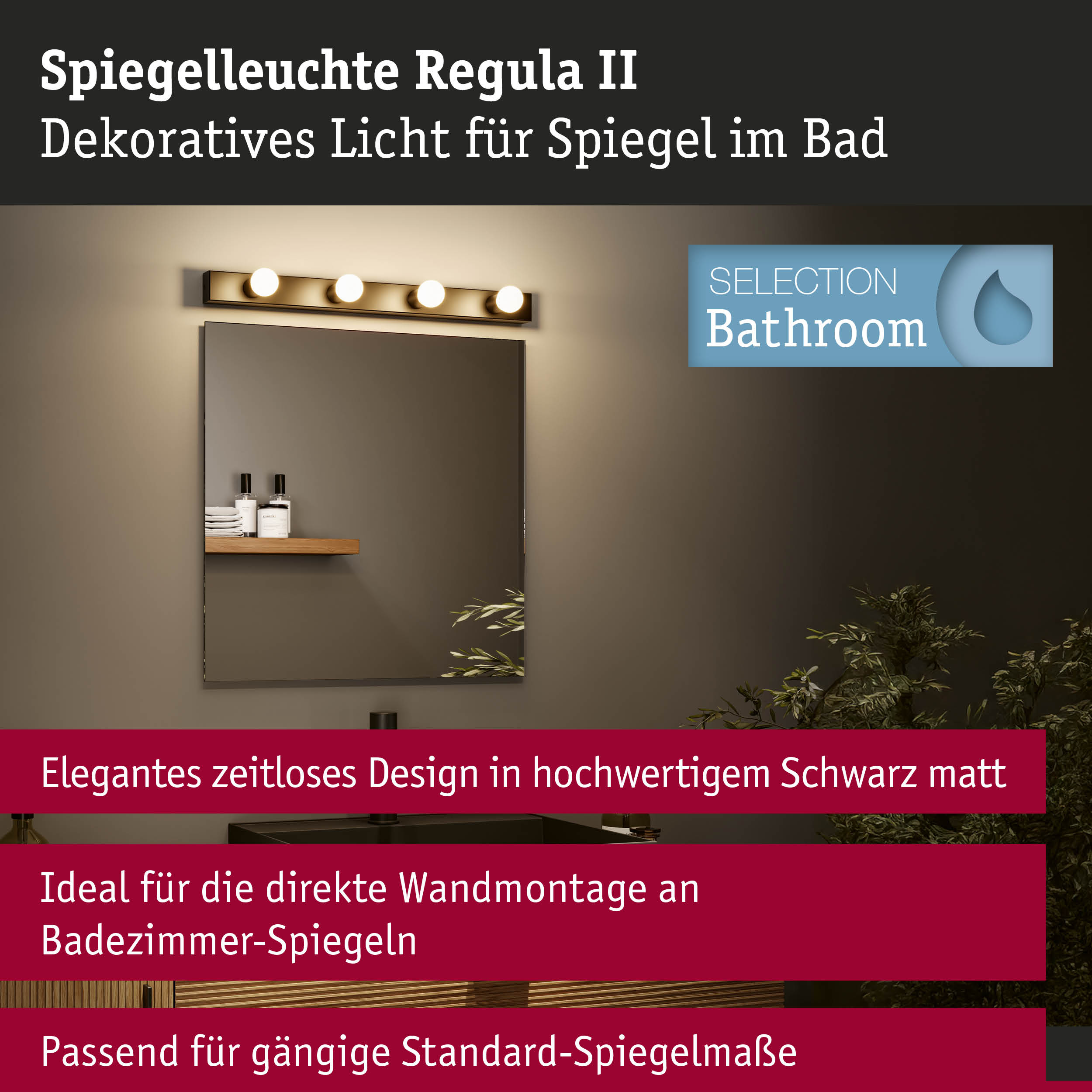 Set Spiegelleuchte Regula II inkl. Leuchtmittel 4-flammig IP44 E14 2700K 4x470lm 230V 4x4,5W dimmbar Schwarz/Opal