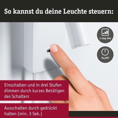 Finger bedient weißen Wandschalter mit 3-Stufen-Dimmung und Ein-/Ausschaltfunktion für LED-Lampe