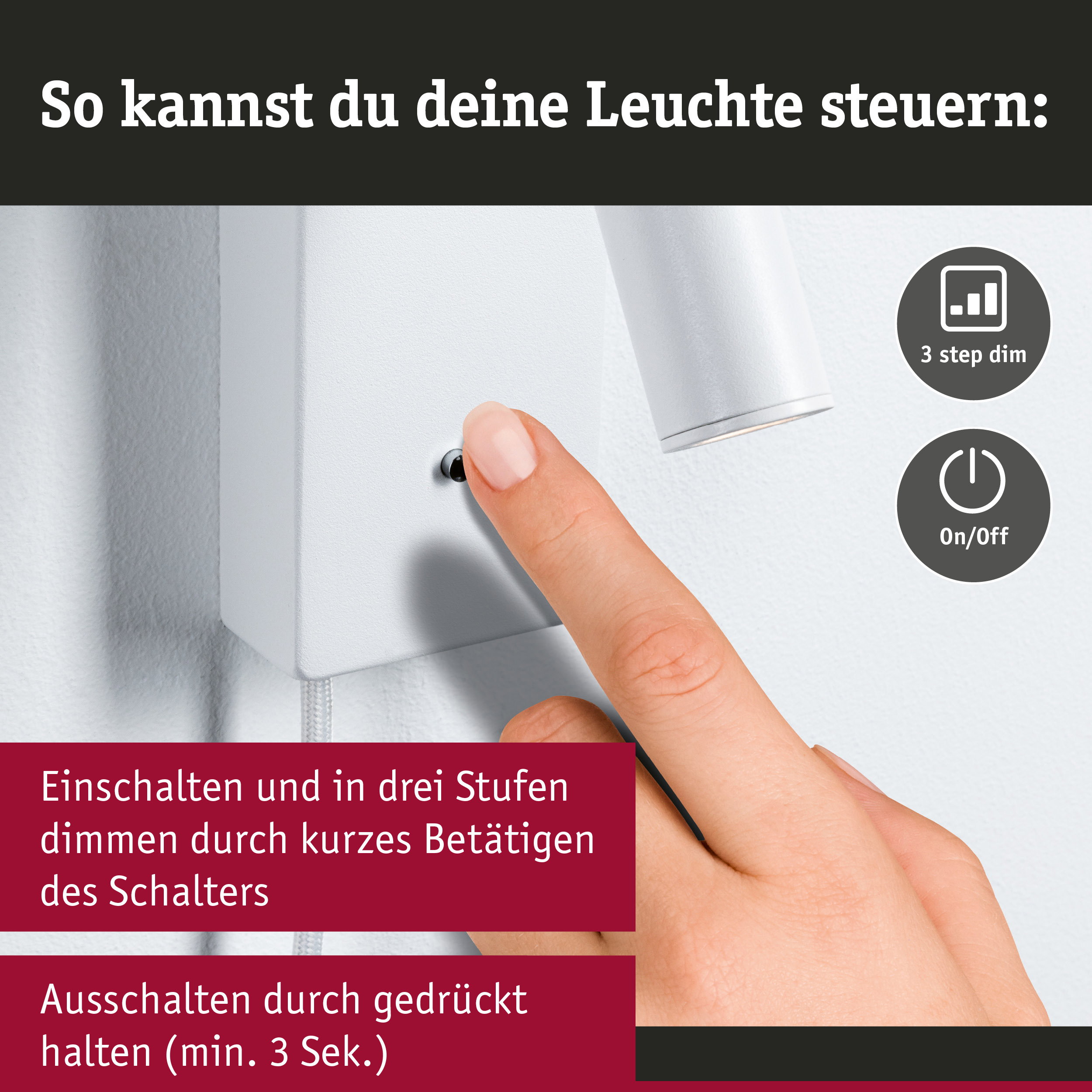 Finger betätigt weißen Wandschalter mit 3-Stufen-Dimmfunktion und Ein-/Ausschalter