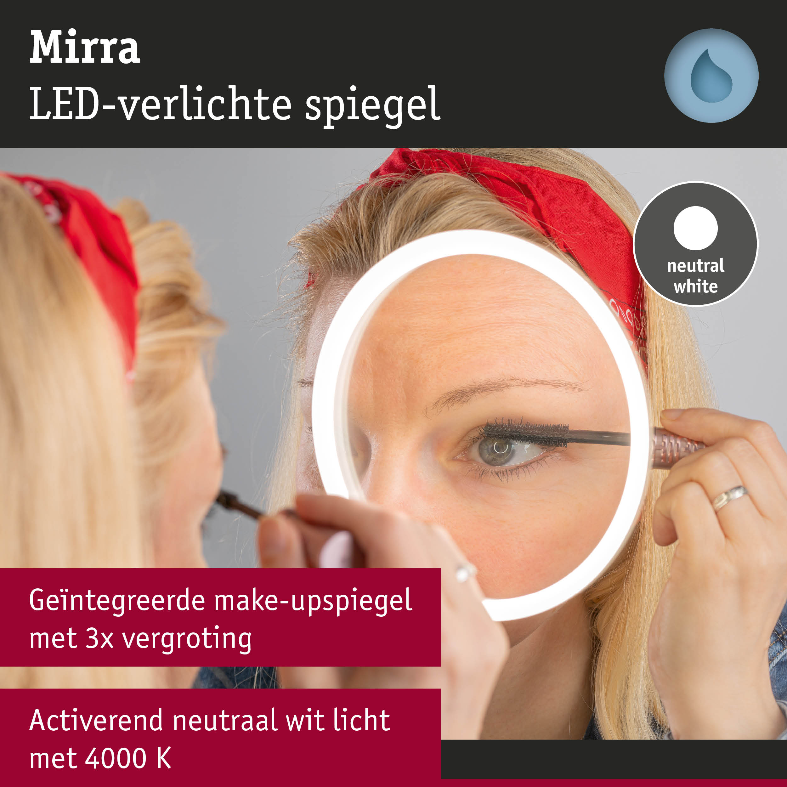 Vrouw met rode haarband gebruikt Mirra LED-verlichte make-up spiegel met neutraal wit licht