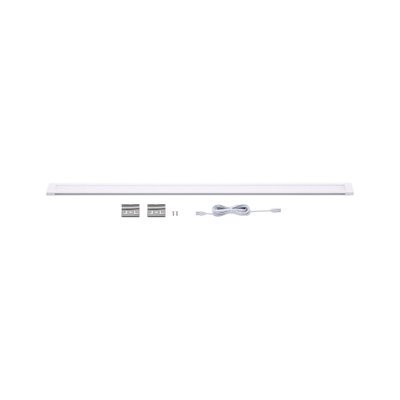 White LED under-cabinet light with mounting clips and cable for energy-efficient lighting
