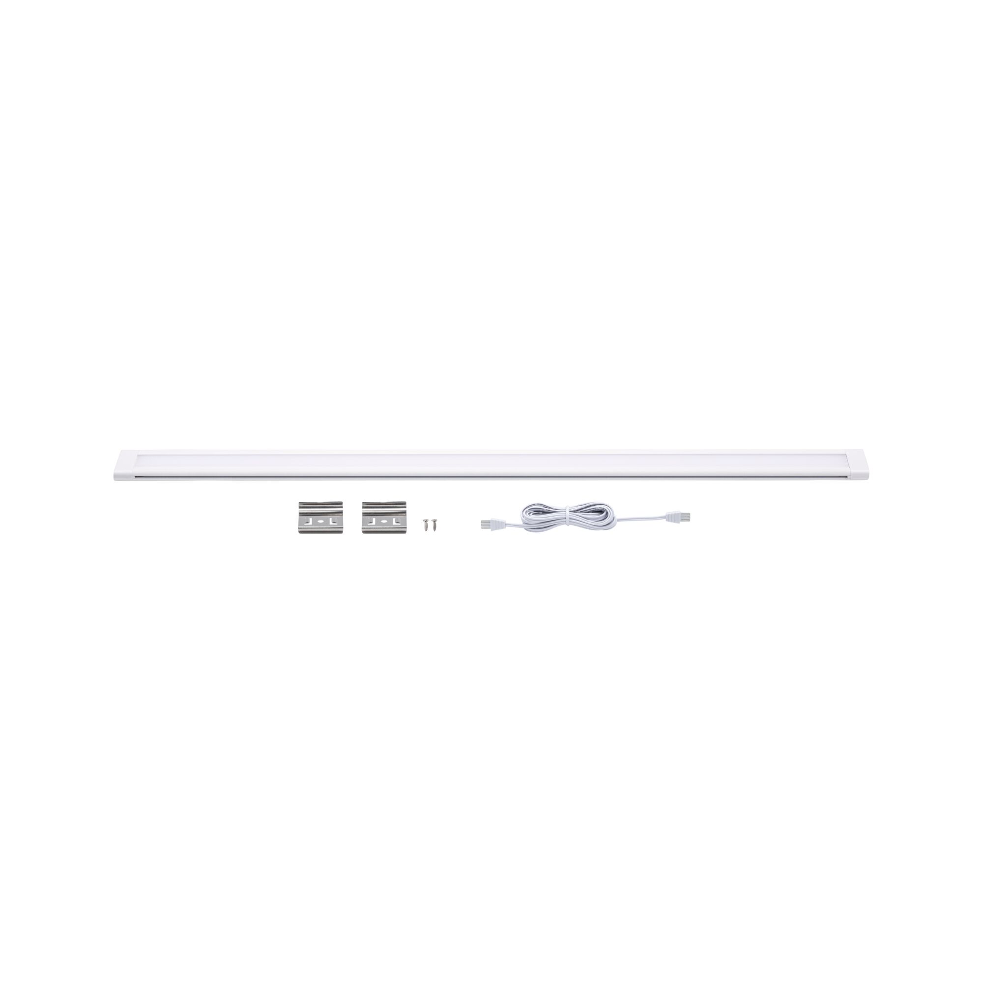 White LED under-cabinet light with mounting clips and cable for energy-efficient lighting