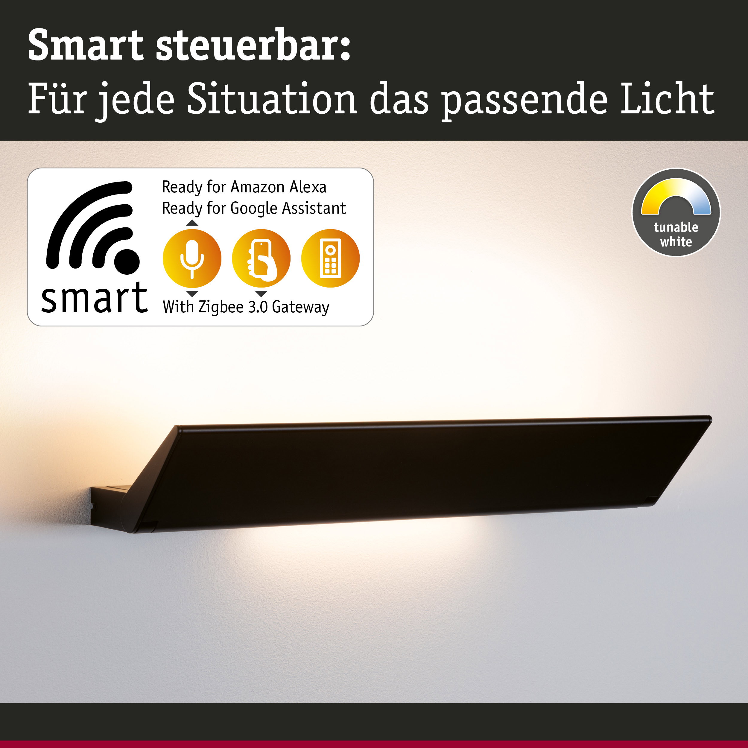 Schwarze smarte LED-Wandleuchte mit einstellbarem Weißlicht und Sprachsteuerung kompatibel mit Alexa und Google