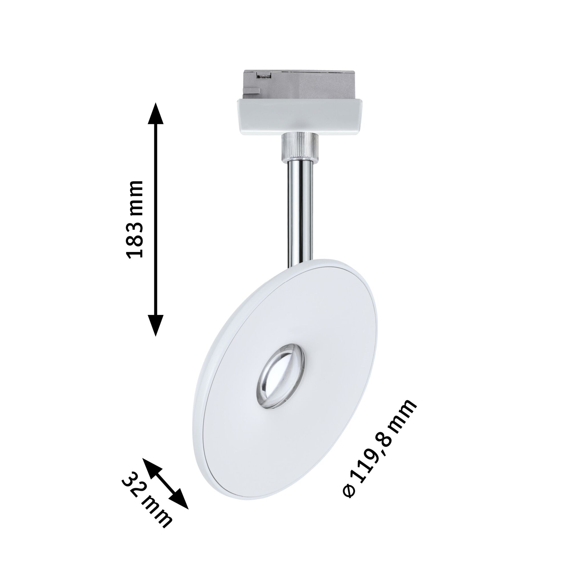 Weißer LED-Spot aus Metall mit verchromtem Stab und Maßen für moderne Beleuchtung