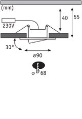 Technical drawing of recessed spotlight with 90 mm diameter, 30-degree tilt, and 230V connection