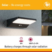 Black solar outdoor wall light with motion sensor on grey wall for energy-saving lighting