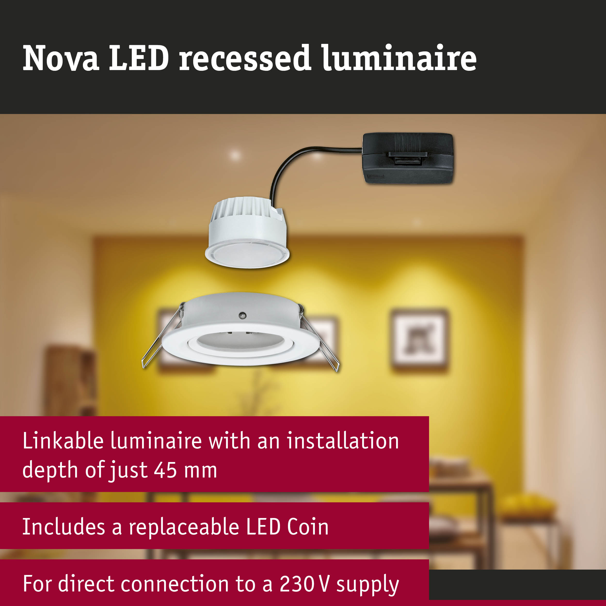 Nova white LED recessed luminaire with black power module for efficient energy-saving lighting
