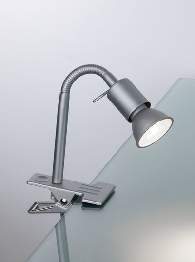 Silver metal LED clip lamp with flexible neck for desk lighting and focused illumination