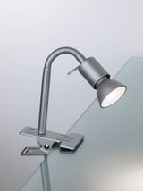 Zilveren metalen LED-klemlamp met flexibele hals voor bureauverlichting en gerichte lichtbron