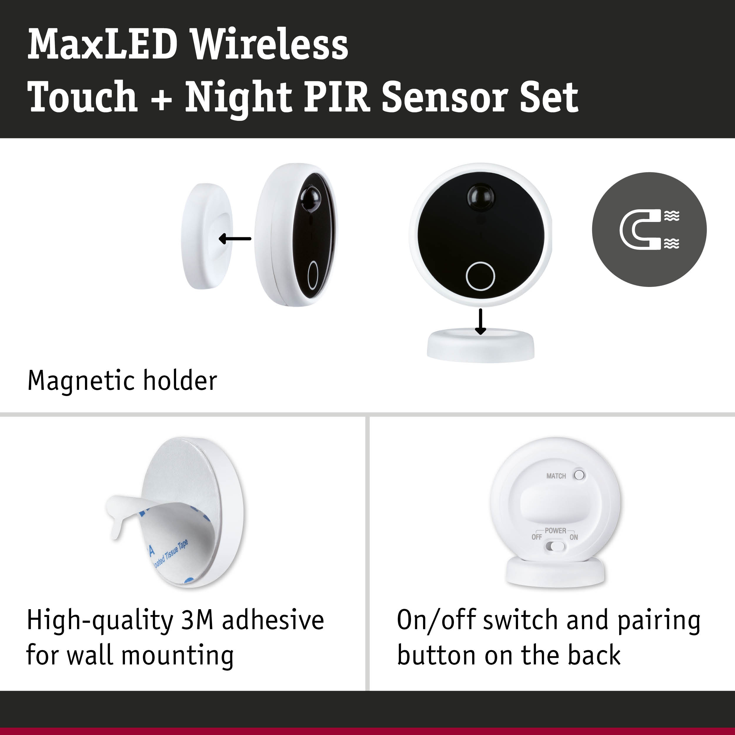 MaxLED Wireless Touch and Night PIR Sensor Set with magnetic holder and high-quality 3M adhesive for wall mounting