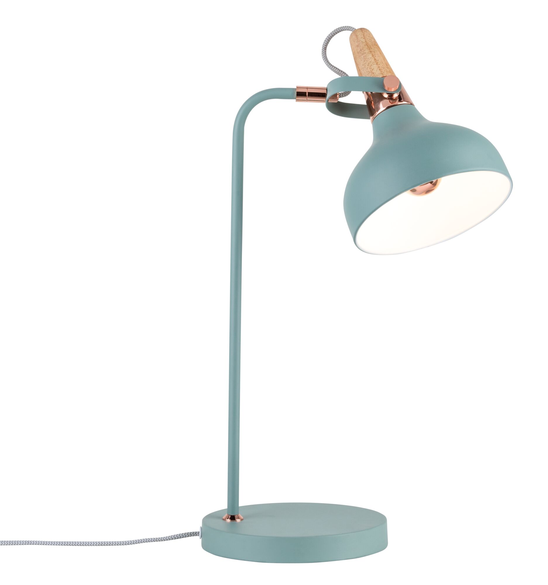 Modern metal desk lamp in matte mint green with wooden handle and copper details for home lighting