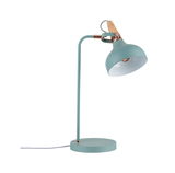 Moderne metalen bureaulamp in mat mintgroen met houten handvat en koperen accenten voor woonverlichting