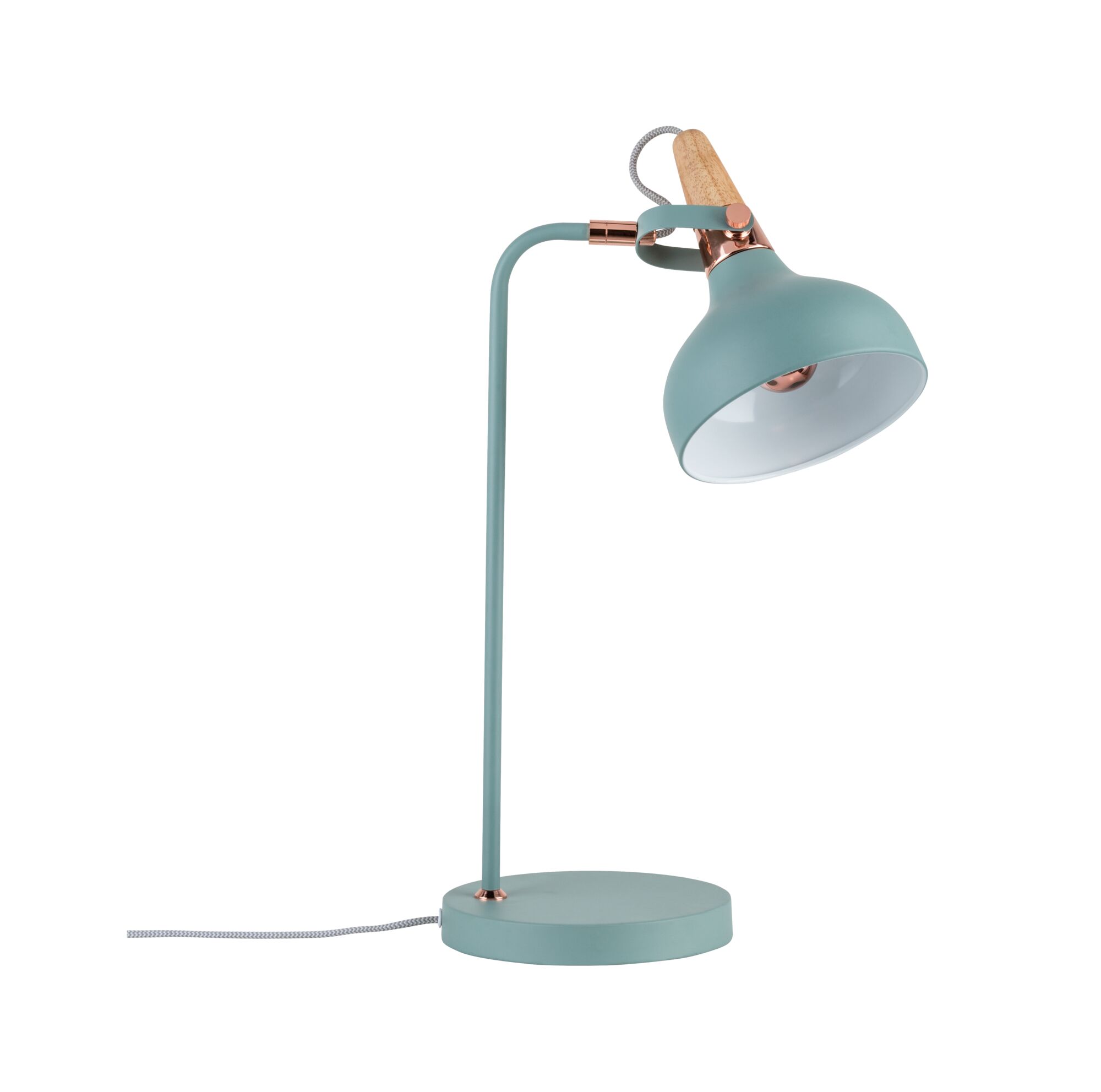 Modern metal desk lamp in matte mint green with wooden handle and copper details for home lighting