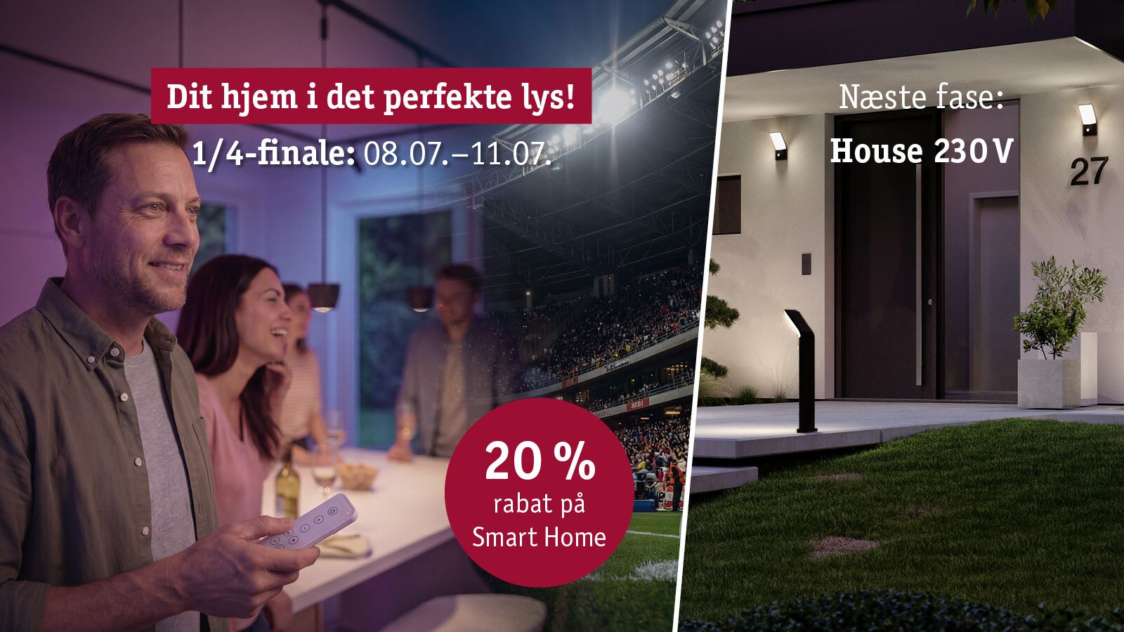 Mand styrer Smart Home belysning med fjernbetjening, moderne udendørsbelysning ved hus synlig