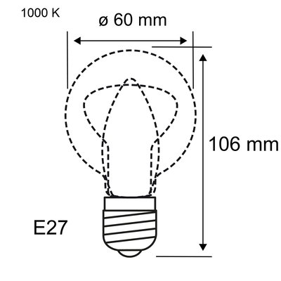 Technische tekening van een E27-lamp met 60 mm diameter en 106 mm hoogte, kleurtemperatuur 1000 K.