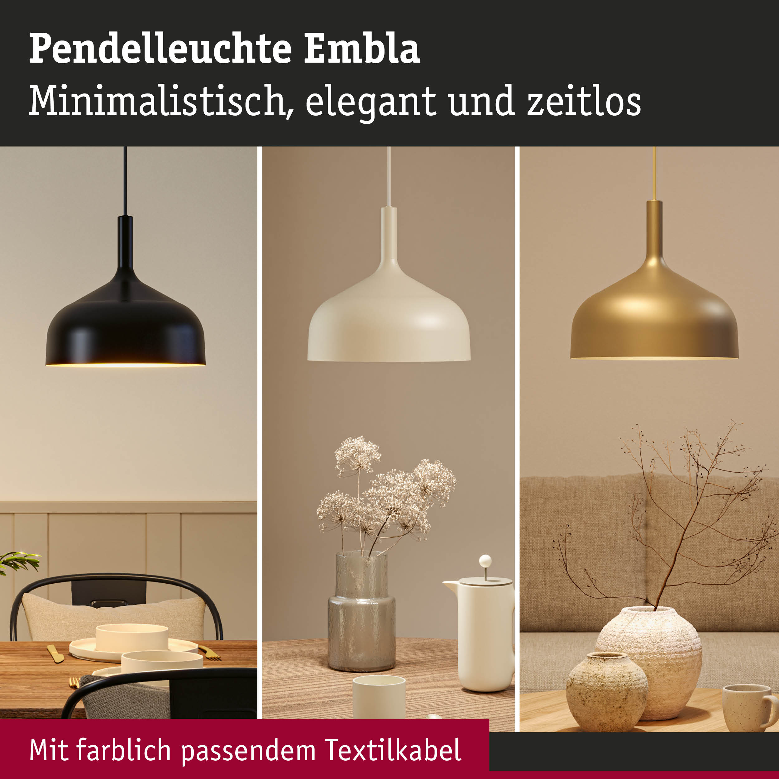 Pendelleuchte Embla in Schwarz, Weiß und Gold mit farblich passendem Textilkabel für minimalistisches Design