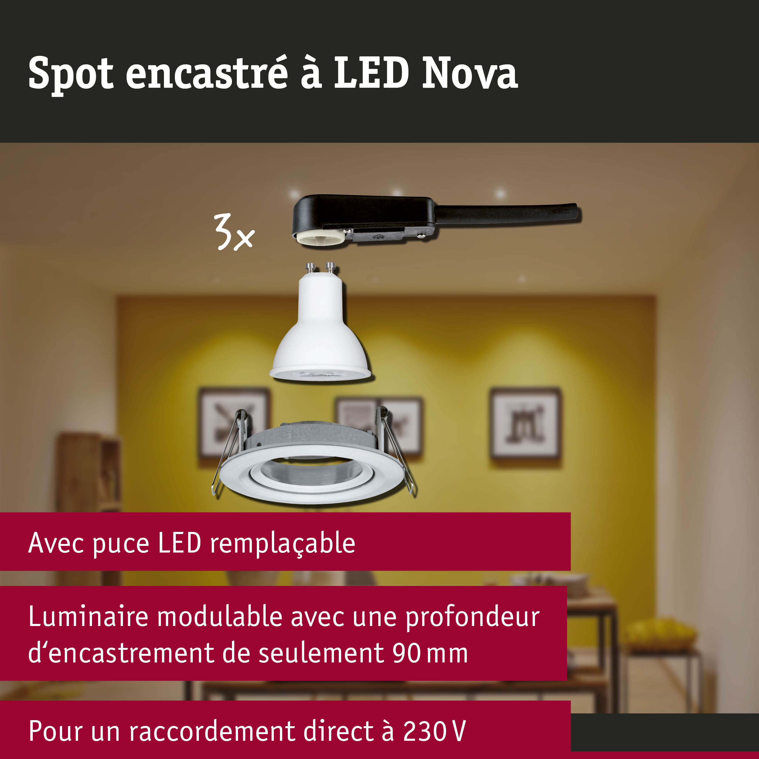 Spot encastré LED 3-Step-Dim Nova Kit de base orientable rond 84mm 50° GU10 3x6,5W 3x460lm 230V gradable 2700K Alu tourné