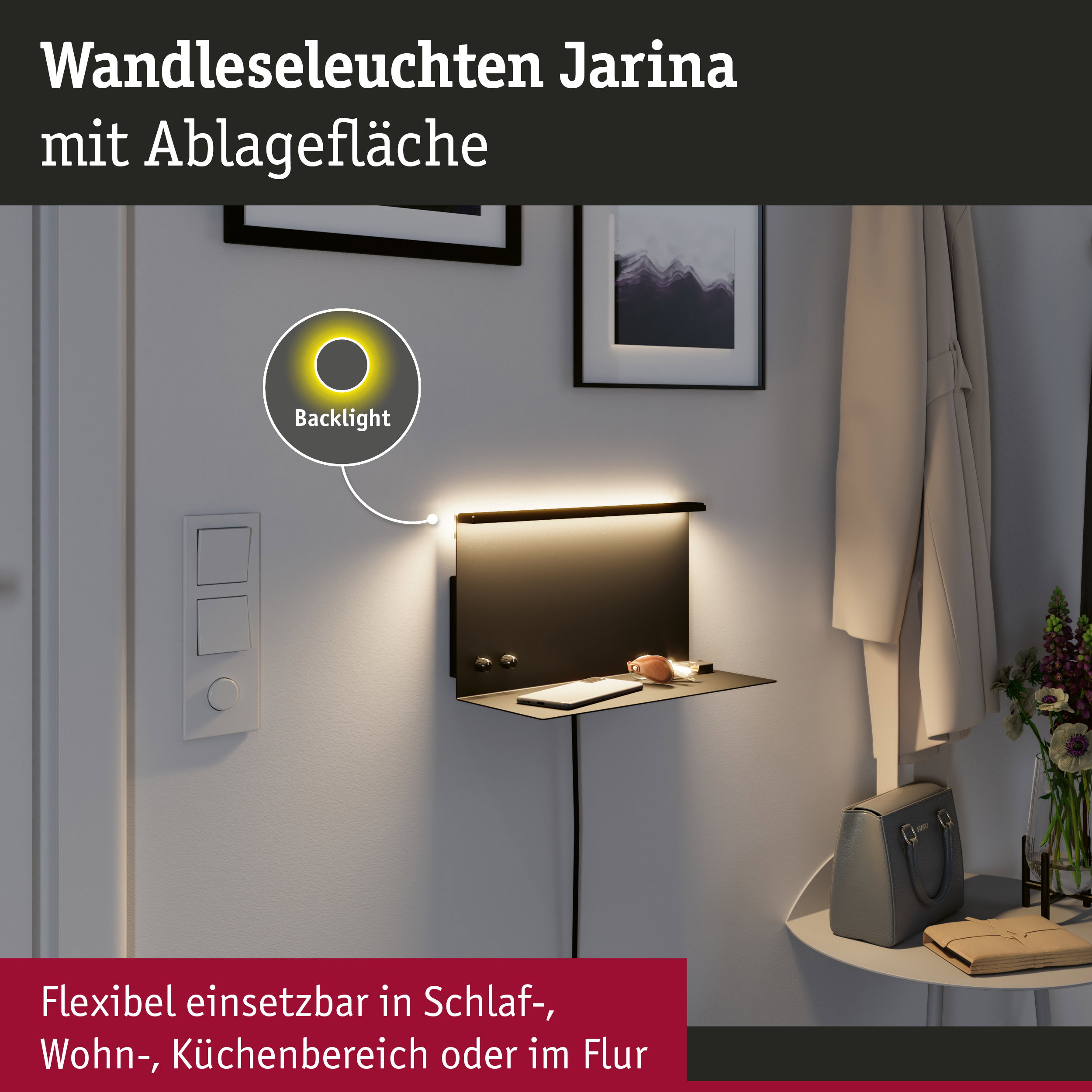 Schwarze Wandleuchte Jarina mit Ablagefläche und warmweißem LED-Backlight für Flur und Wohnbereich
