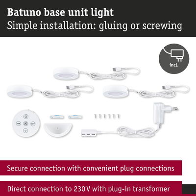 White Batuno base unit light set with remote and plug-in transformer for easy installation
