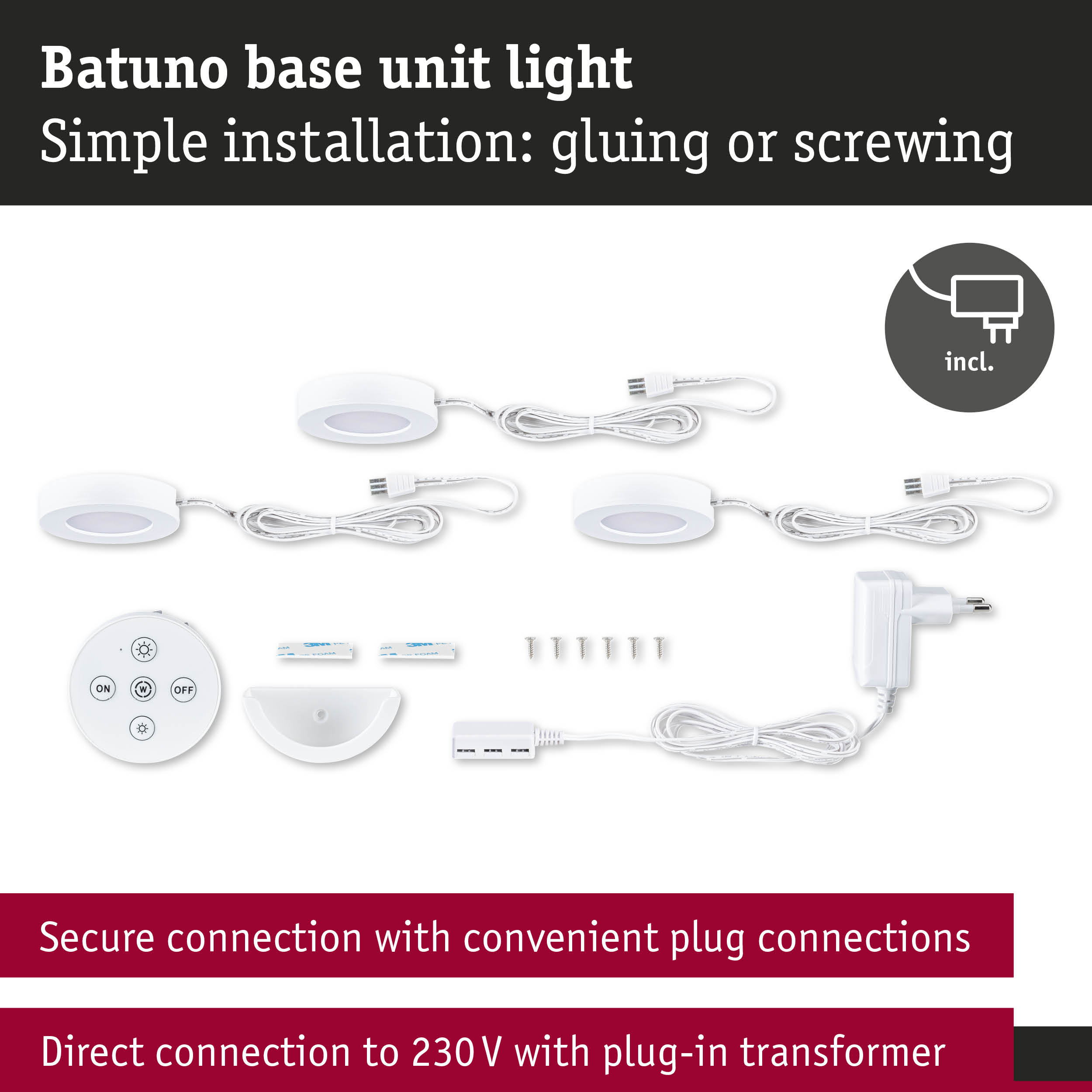 White Batuno base unit light with remote and plug connection for easy LED lighting installation