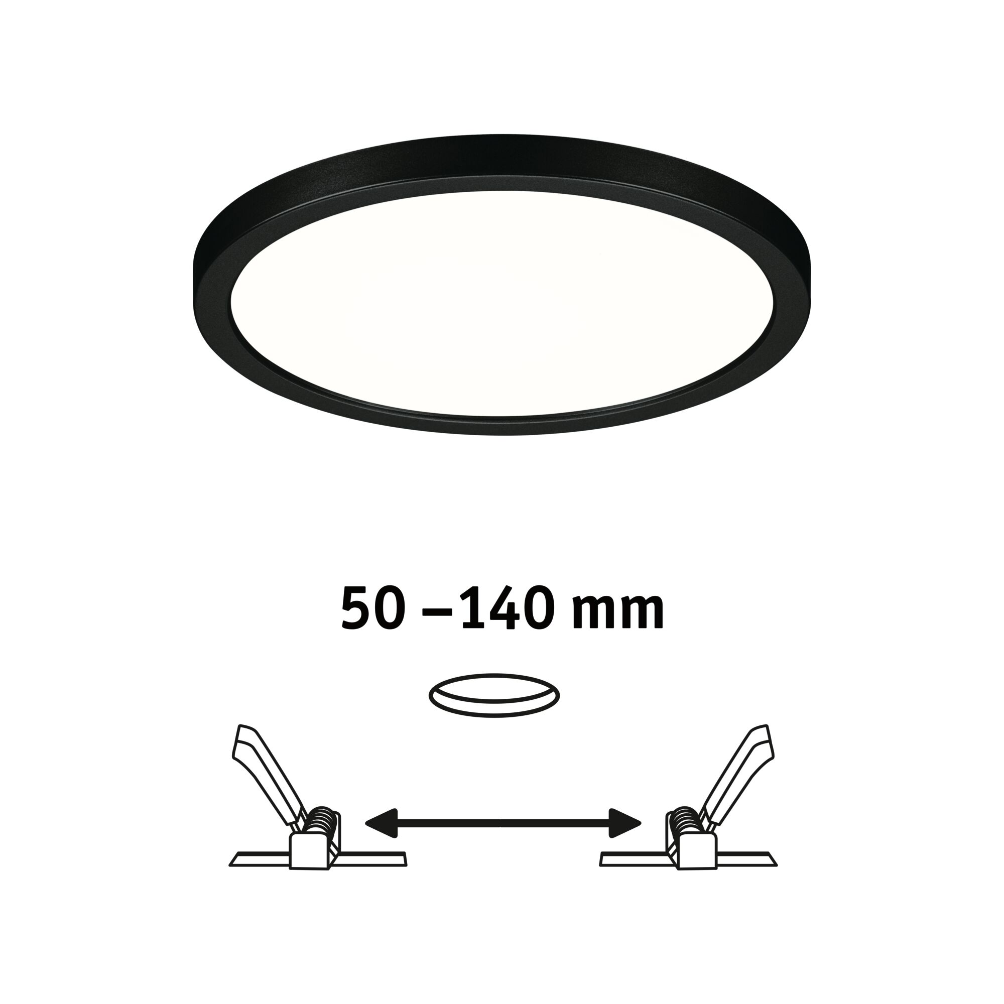 Zwarte ronde LED-plafondlamp met witte diffuser en inbouwmaat 50-140 mm voor woonruimtes