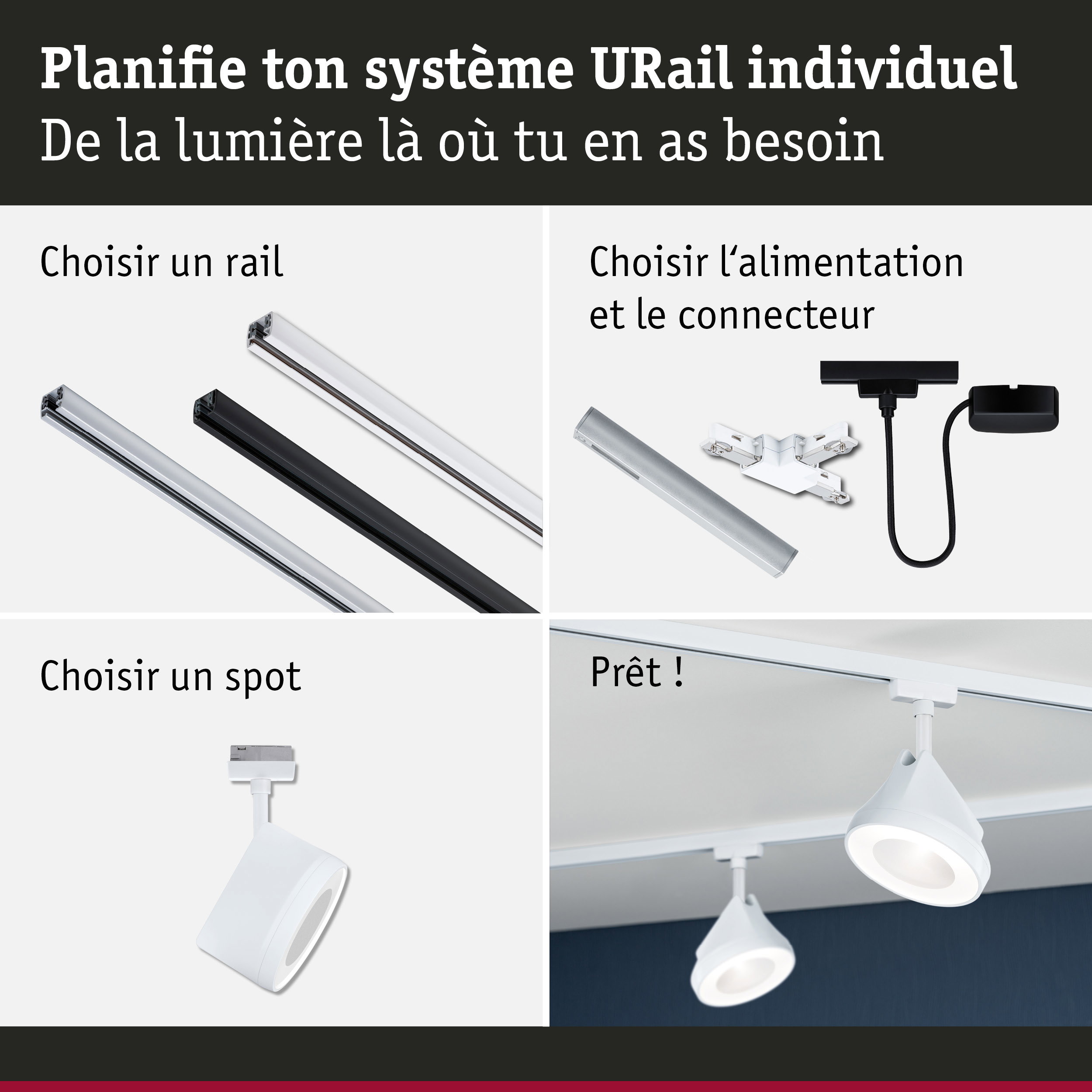 Système de rail modulaire URail avec rails blancs et noirs et spots LED blancs pour éclairage flexible