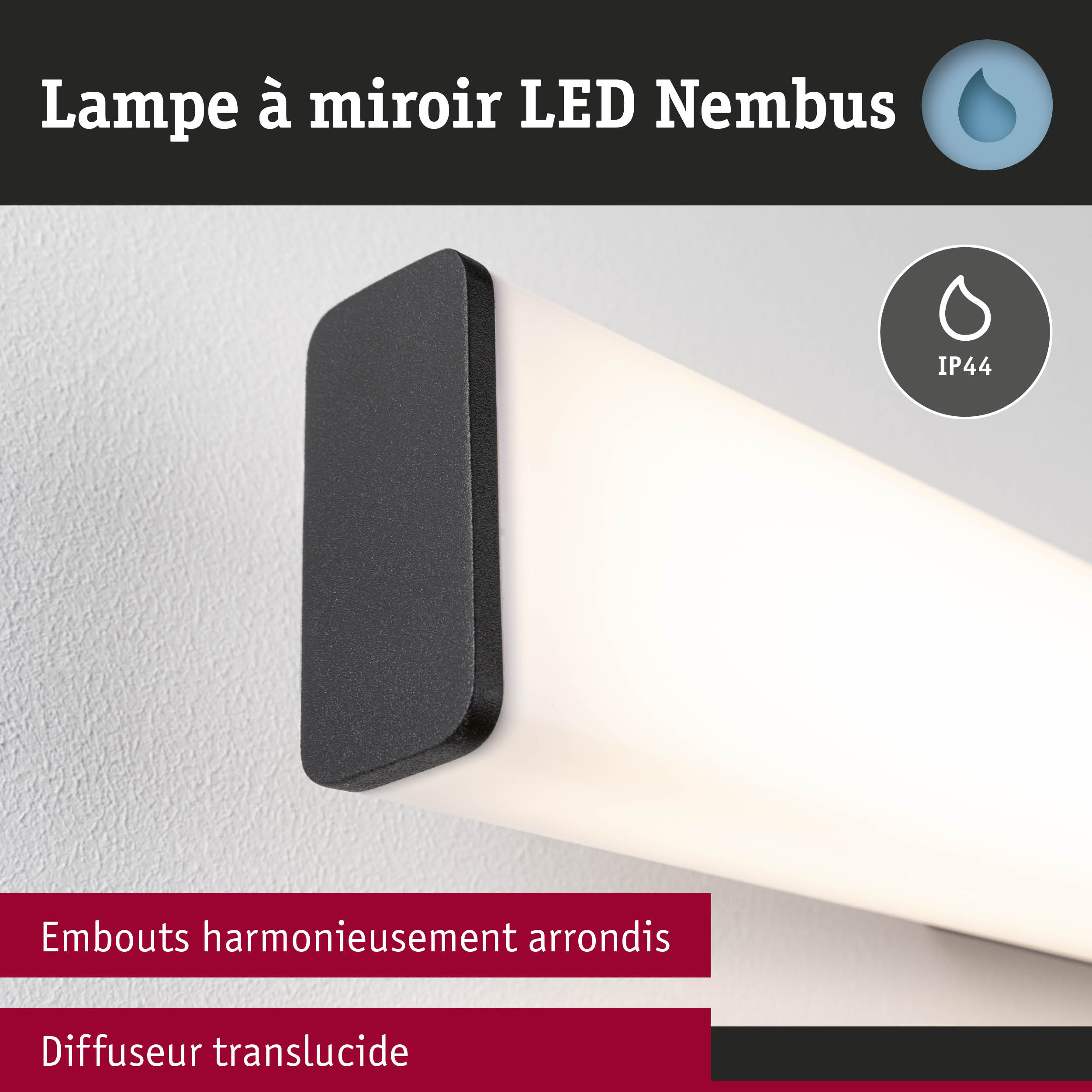Lampe LED miroir noire Nimbus avec indice IP44 et diffuseur translucide pour éclairage salle de bain