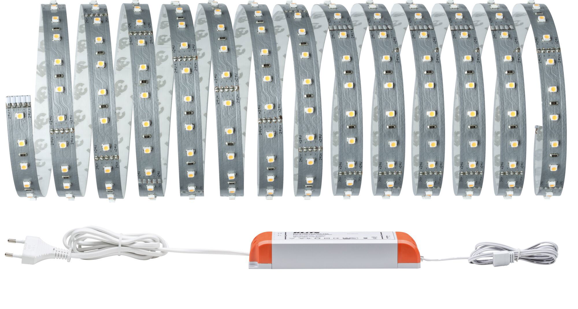 Flexible grey LED strip with orange power supply for energy-efficient indoor lighting