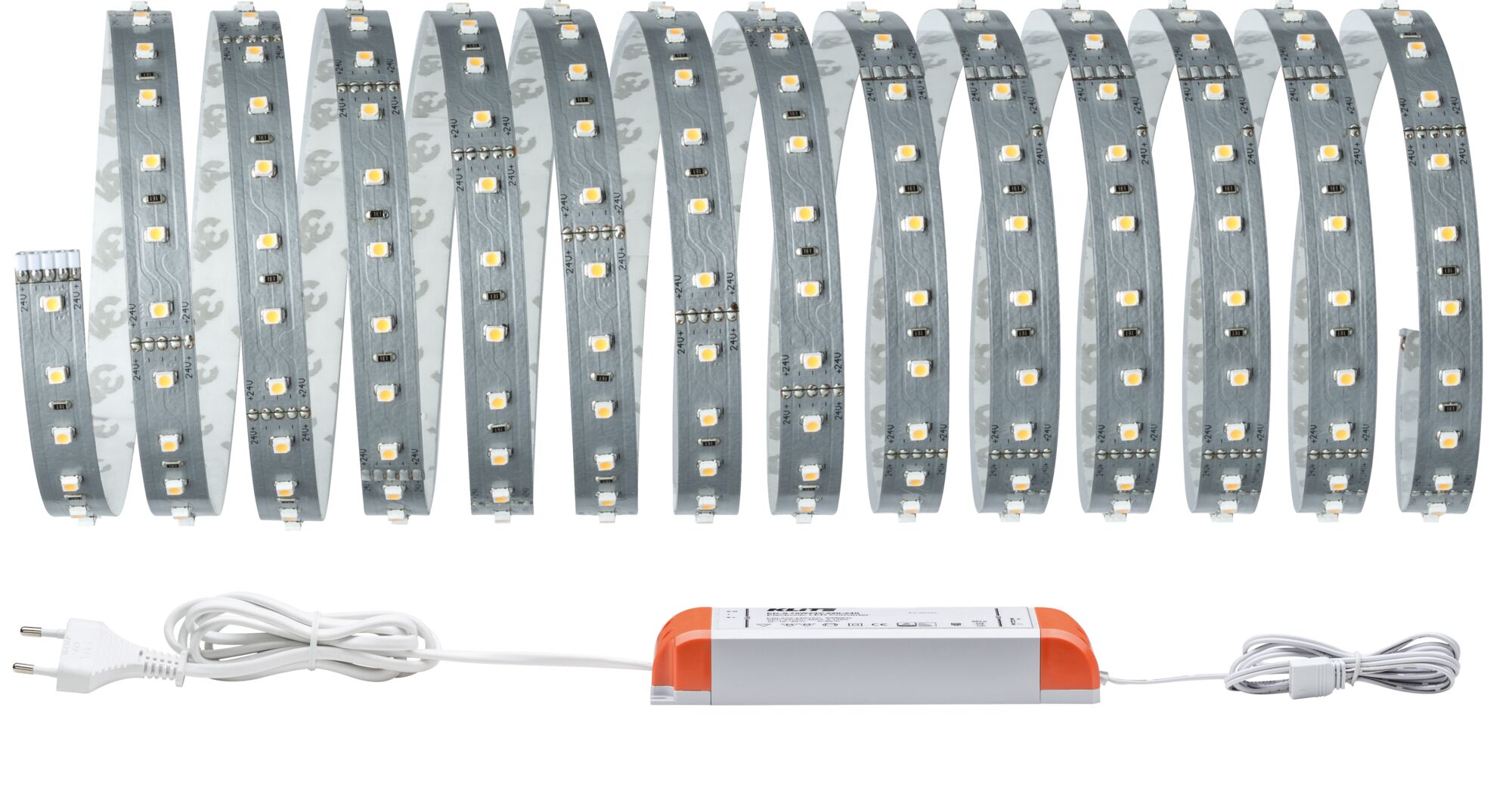 Flexible grey LED strip with orange power supply for energy-efficient indoor lighting